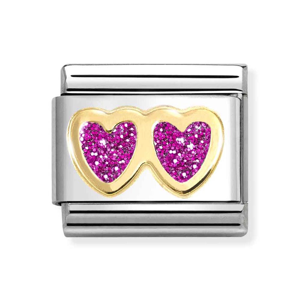 Classic Gold Pink Glitter Double Heart Charm