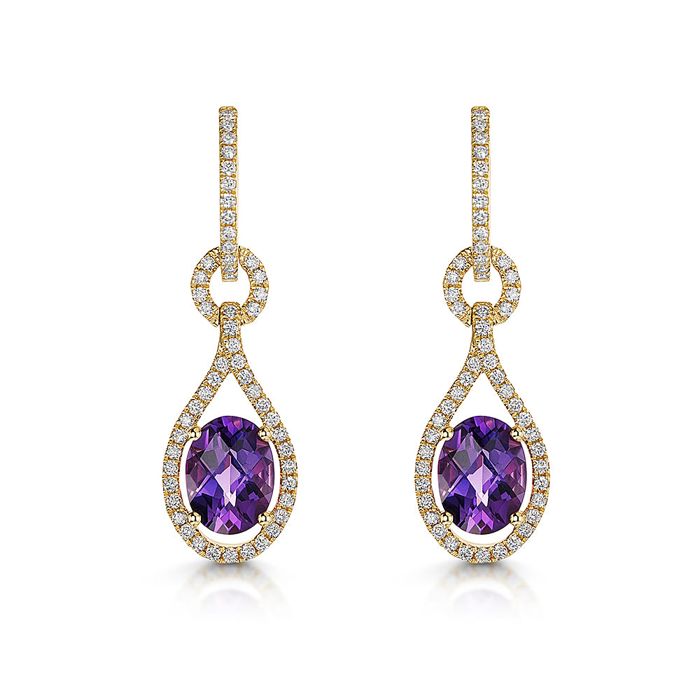 9ct Yellow Gold Amethyst & Diamond Drop Earrings