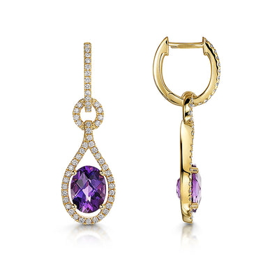 9ct Yellow Gold Amethyst & Diamond Drop Earrings